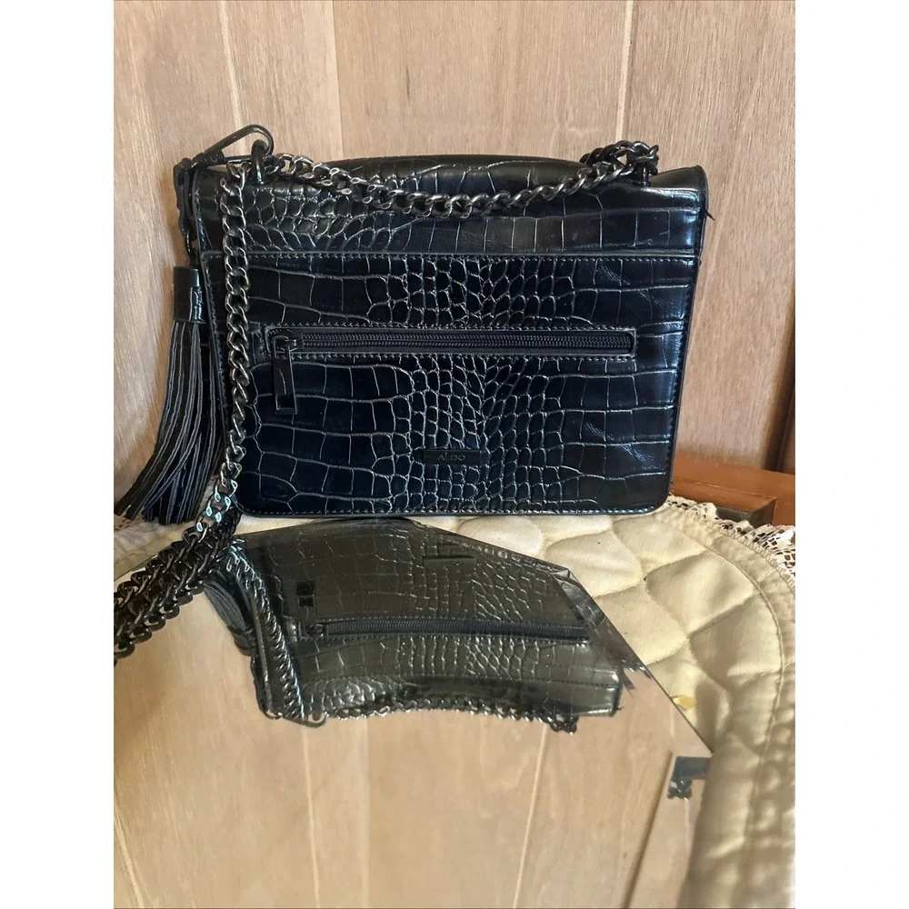 Aldo Black Croc Embossed cross body bag with tassel, chain